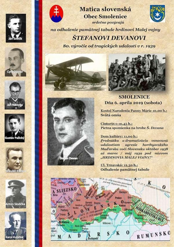 V Smoleniciach odhalia pamätnú tabuľu pilotovi Štefanovi Devanovi